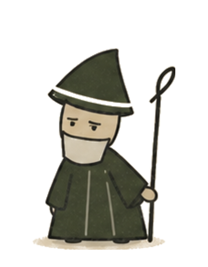 The Sage from Always Never, wearing a dark green pointed hat and robe and holding a staff