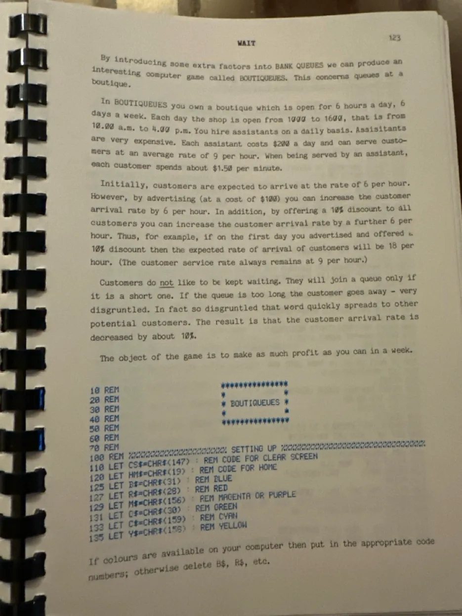 The original 1984 Boutiqueues BASIC listing in a spiral-bound book