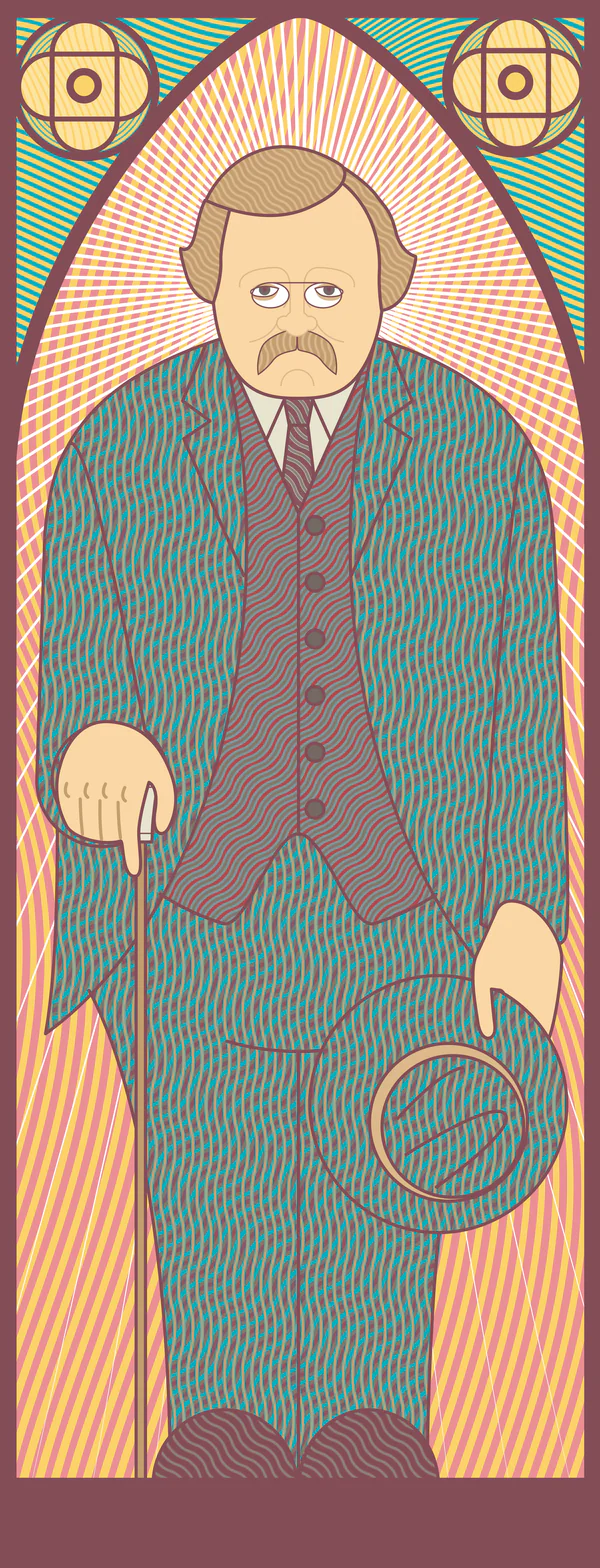 Illustrated portrait of G. K. Chesterton holding a cane and hat