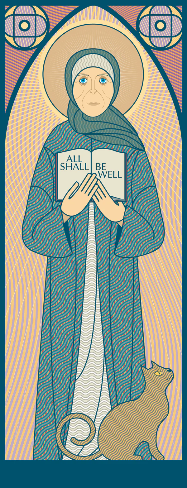 Illustrated portrait of Julian of Norwich holding a book inscribed All shall be well