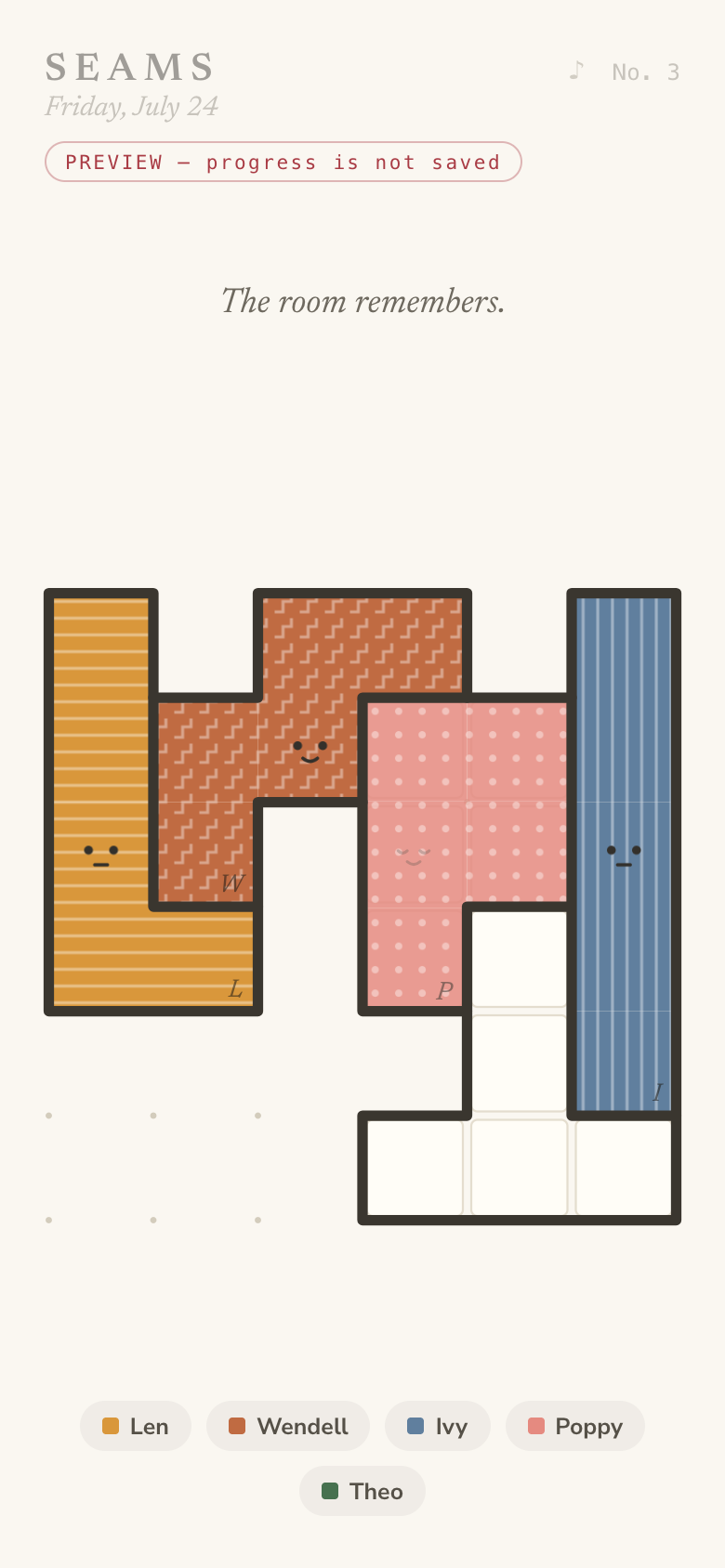 A Seams puzzle mid-solve, its areas flooding with colour and texture as the seams settle