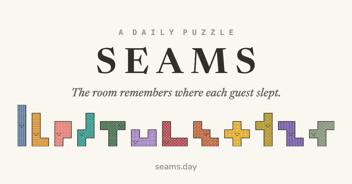The Seams wordmark above a row of twelve pentomino guests