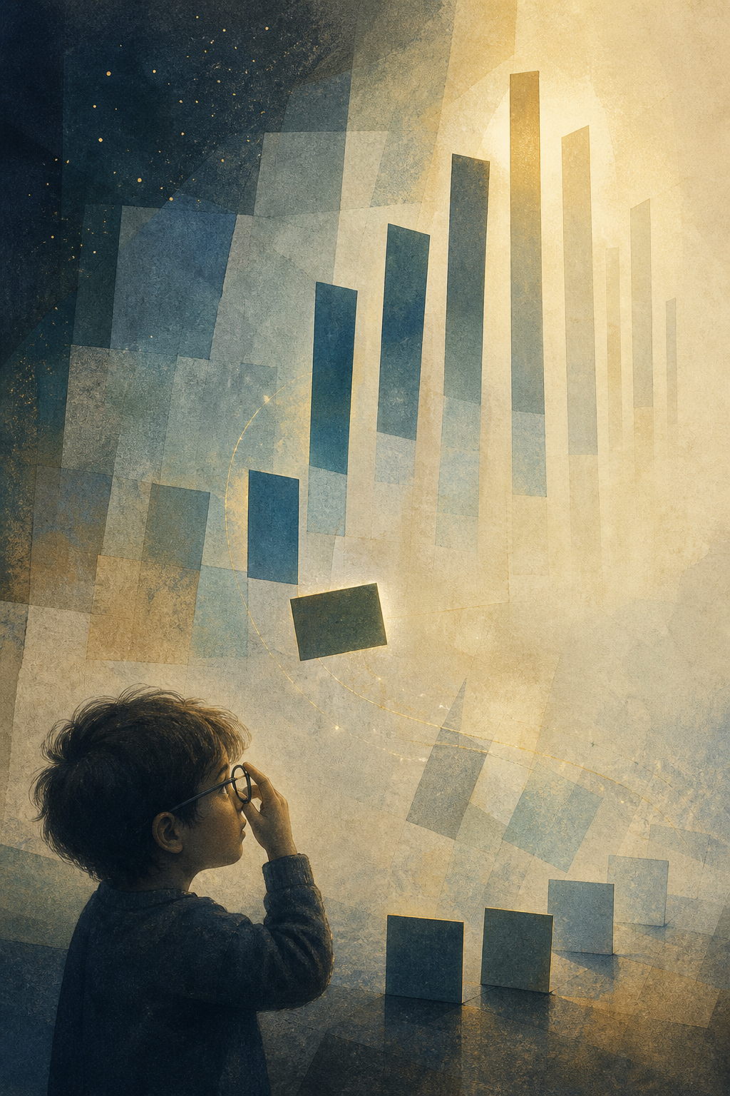 A child in glasses looks up at squares stretching into tall rectangles