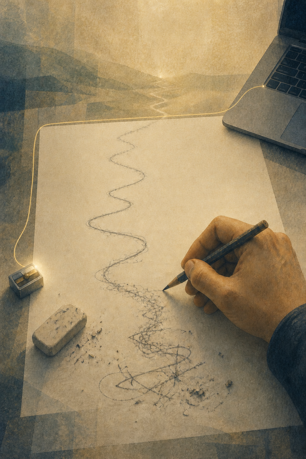 A hand drawing a winding pencil line on paper beside a laptop